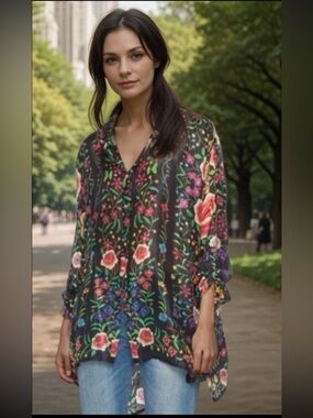 Johnny Was 100% Silk Embroidered Floral Blouse Tunic Boho XS Oversized
